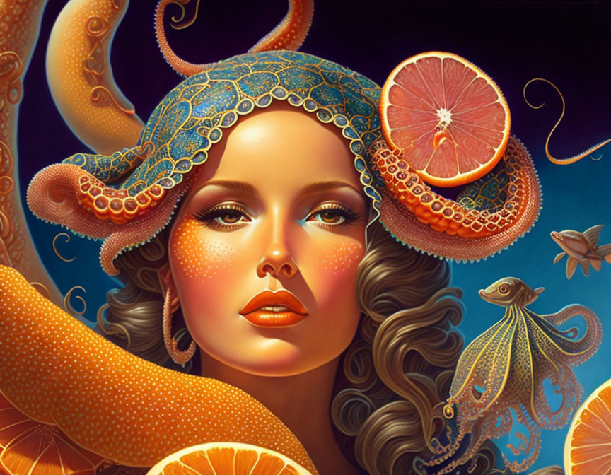 Surreal portrait of woman with octopus-like elements and ornate headgear.