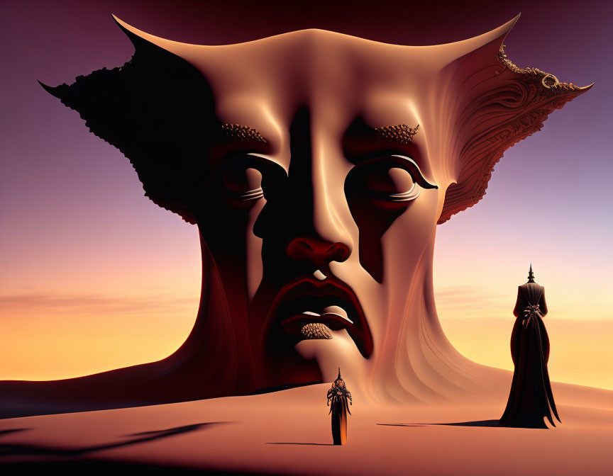 Surreal landscape featuring giant face formation and silhouetted figures under purple sky