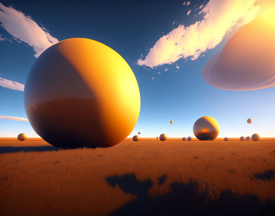 Surreal landscape with sunlit reflective spheres on orange grass field