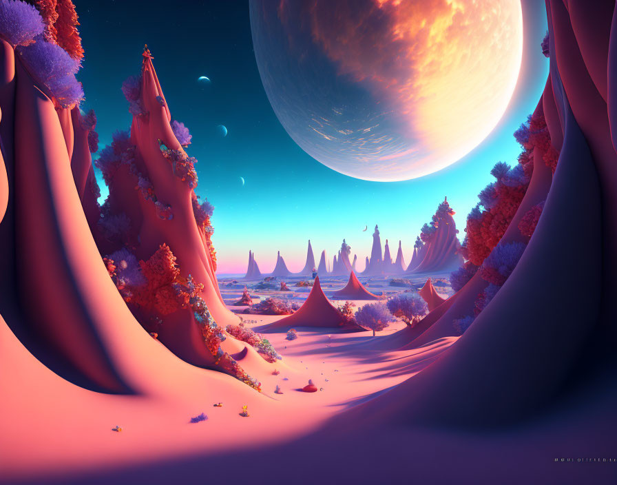 Purple Terrain, Orange Foliage, and Giant Planet in Fantasy Landscape