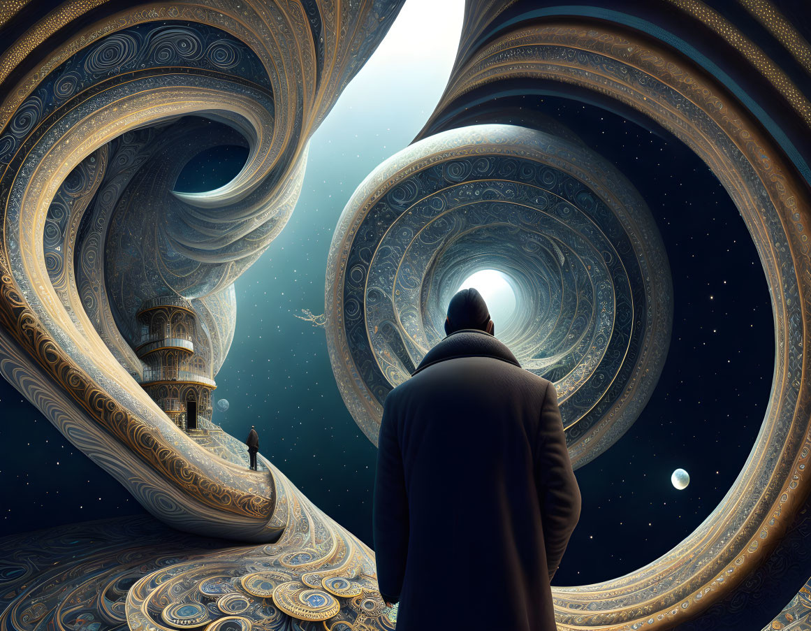 Person Contemplating Surreal Vortex and Celestial Landscape