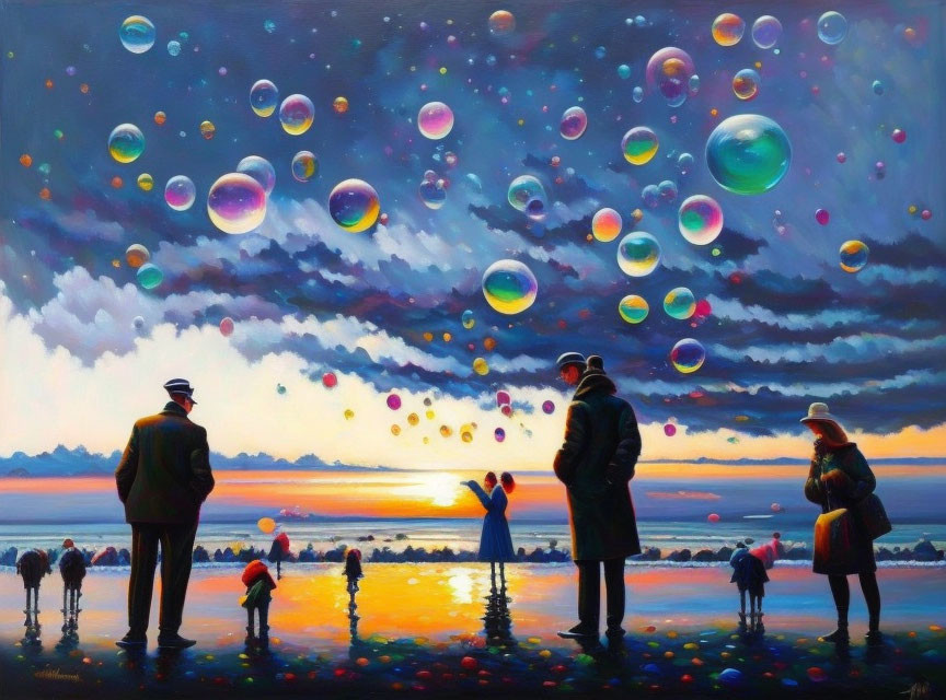 Vibrant sunset beach painting with silhouetted figures and colorful bubbles