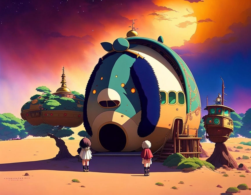 Whimsical animated characters by egg-shaped building in desert at sunset