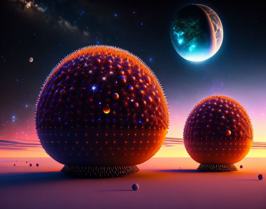 Surreal landscape featuring textured spheres under purple sky