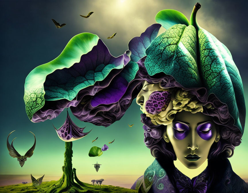 Surreal image: Woman with landscape hair and hat, birds in dreamlike sky