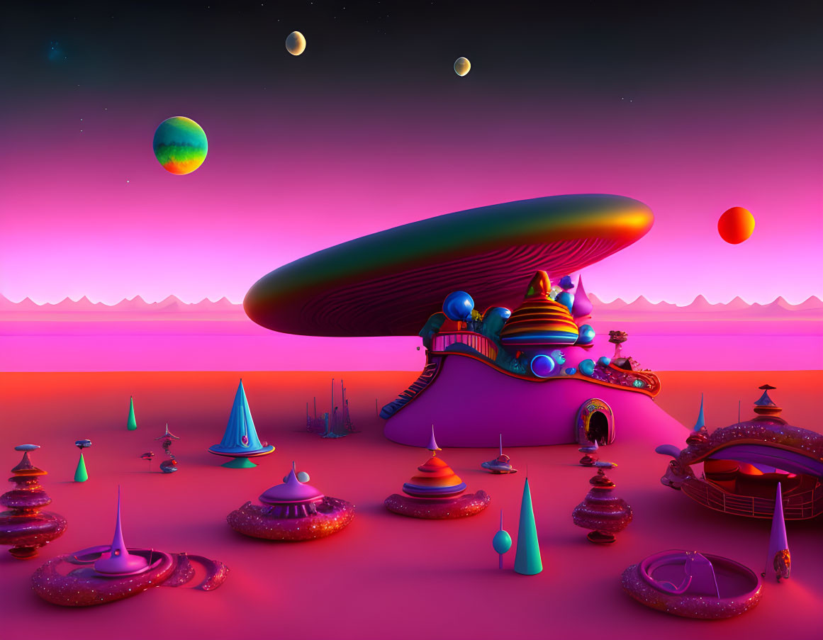 Vibrant surreal landscape with whimsical structures and floating planets