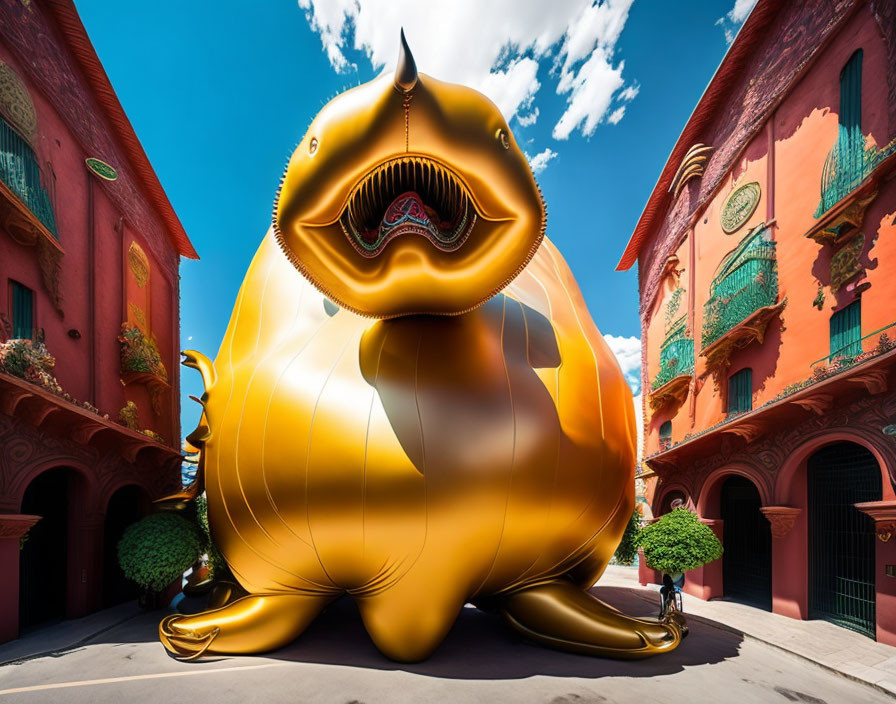 Gigantic Golden Inflatable Cartoonish Character Sculpture in Colorful European Street