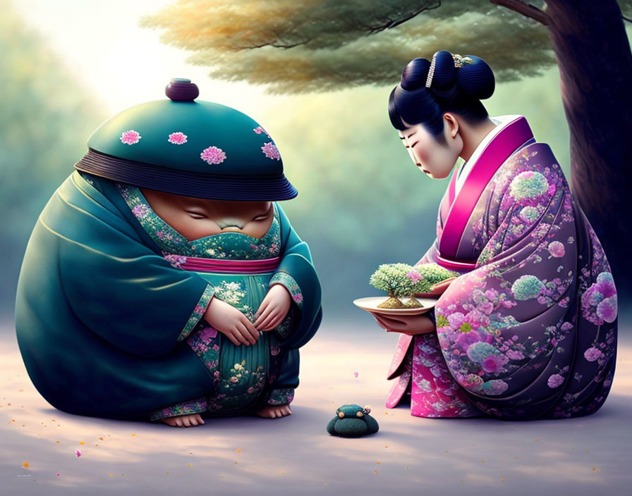 Stylized characters in Japanese attire with bonsai tree in serene setting