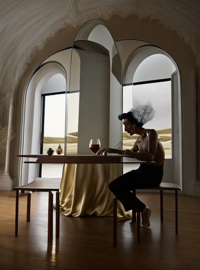 Person sitting at table near arched window overlooking hills in elegantly detailed room