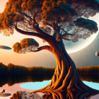 Colorful surreal landscape: large orange tree, reflective lake, giant purple moon