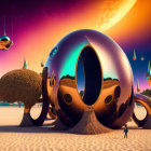 Whimsical animated characters by egg-shaped building in desert at sunset