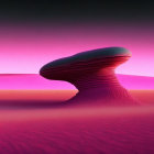 Surreal landscape with mushroom-shaped structure under pink sky