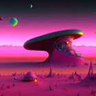 Vibrant surreal landscape with whimsical structures and floating planets