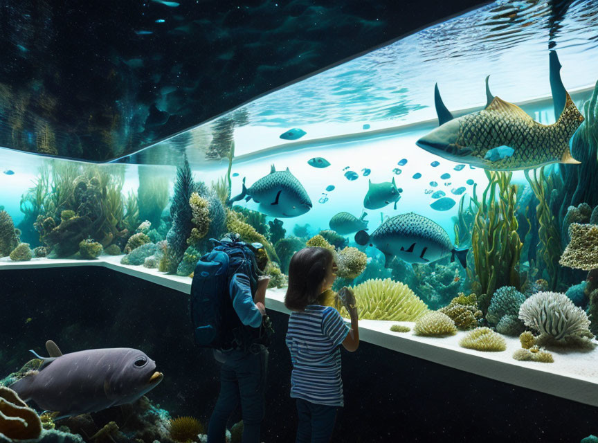 Person and Child Watching Fish in Vibrant Aquarium