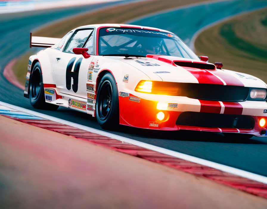 Red and white race car speeding on racetrack with headlights and curb.