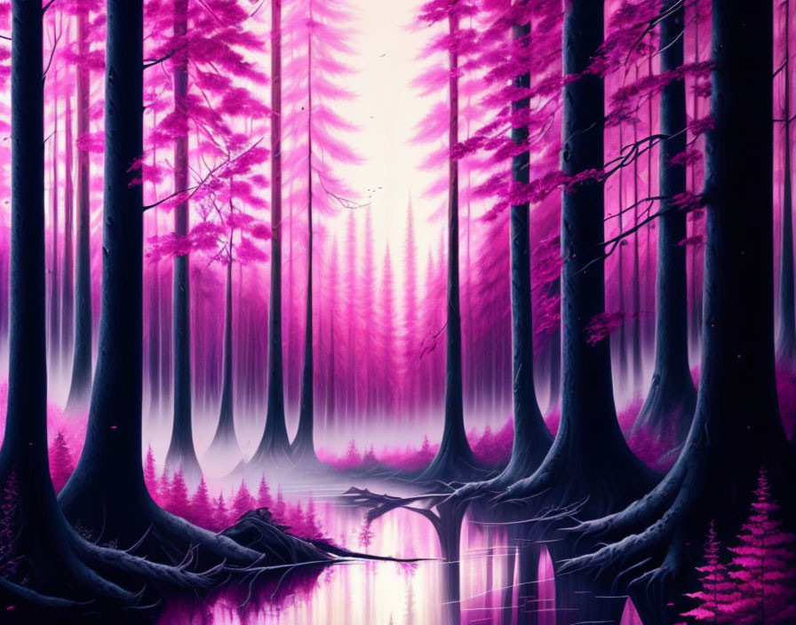 Vibrant pink and purple mystical forest with tall trees and reflective water body