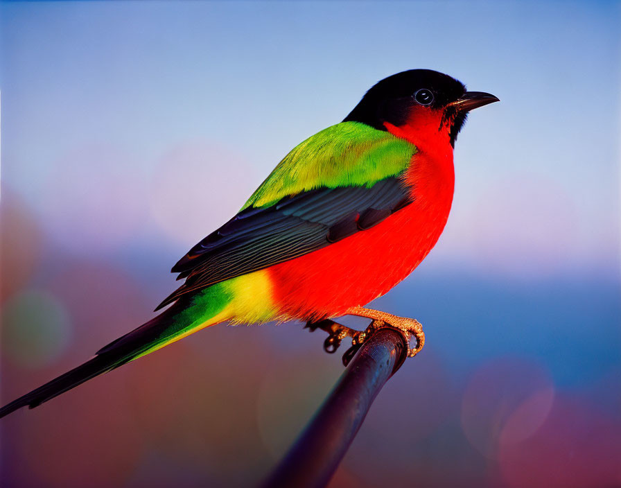 Colorful Bird with Red Underparts and Black Head Perched on Branch