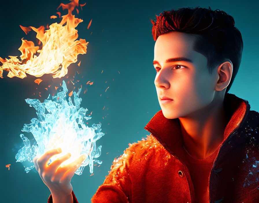 Person holding flame and water against dramatic background