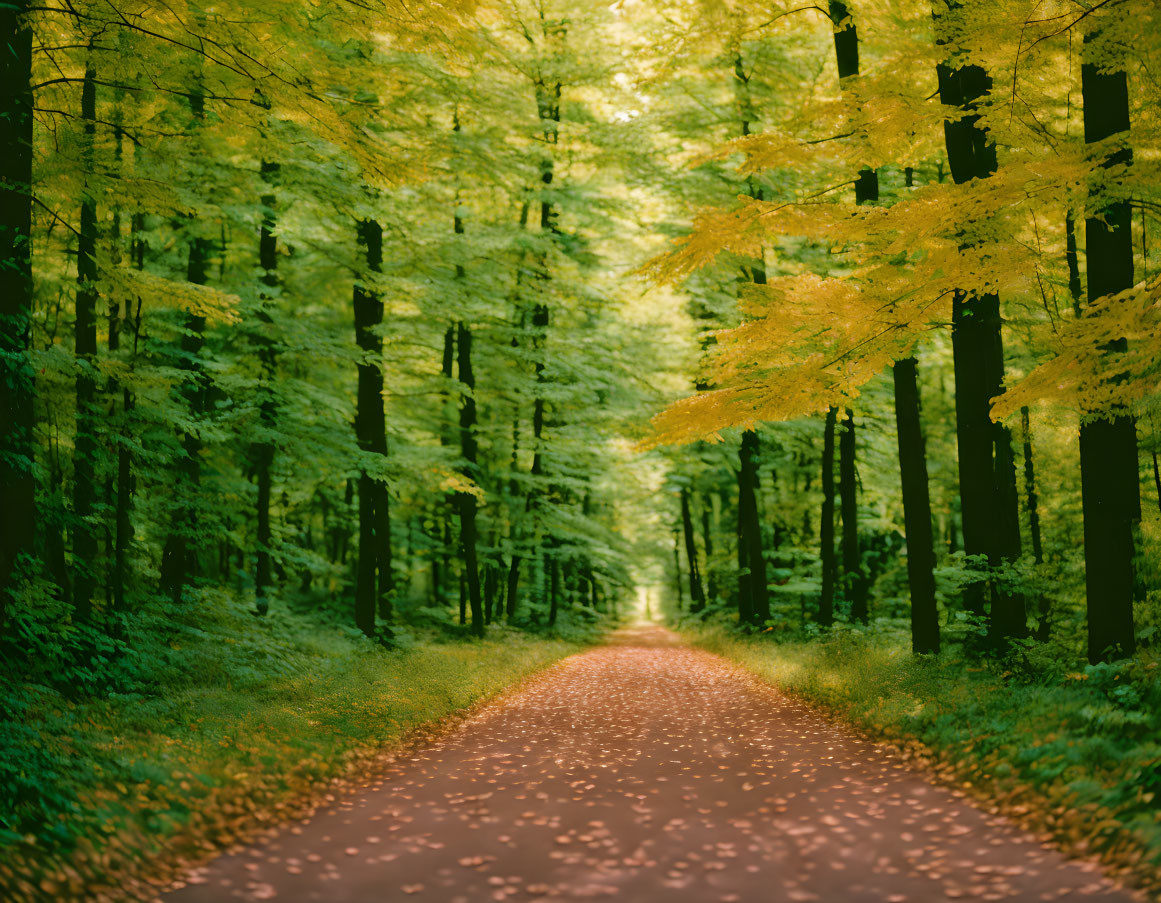 Tranquil Forest Path with Green and Golden Canopy