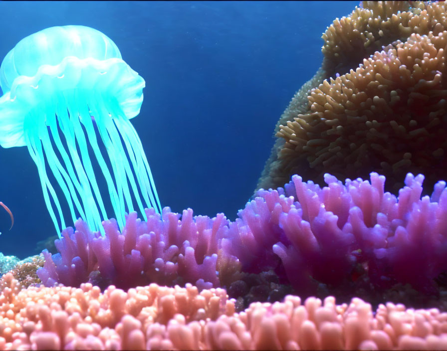 Luminescent jellyfish and vibrant coral in serene underwater scene