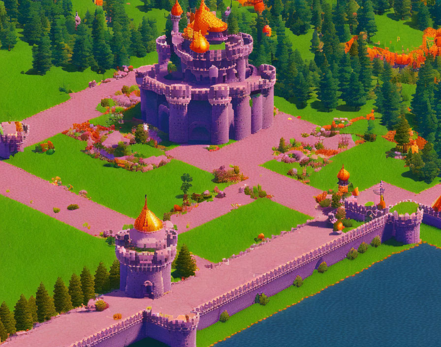 Pixelated castle image with orange rooftops in lush green landscape