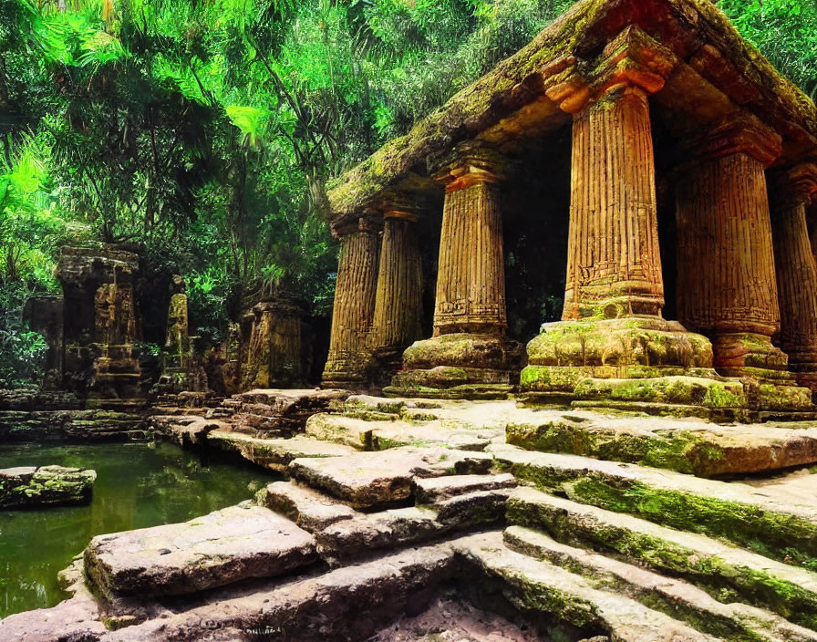 Stone temple ruins with columns in lush greenery and water pathway