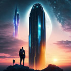 Person and dog in front of futuristic towers at sunrise with large planet in the sky