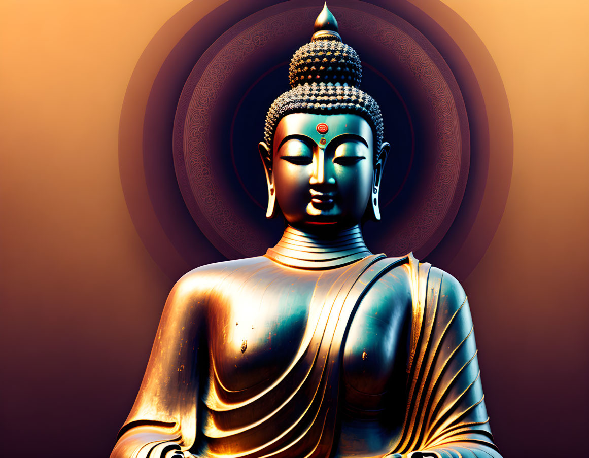 Serene golden Buddha statue with radiant halo on orange gradient background