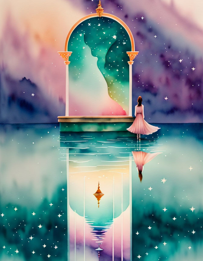 Surreal illustration: Woman in dress by archway under starry sky