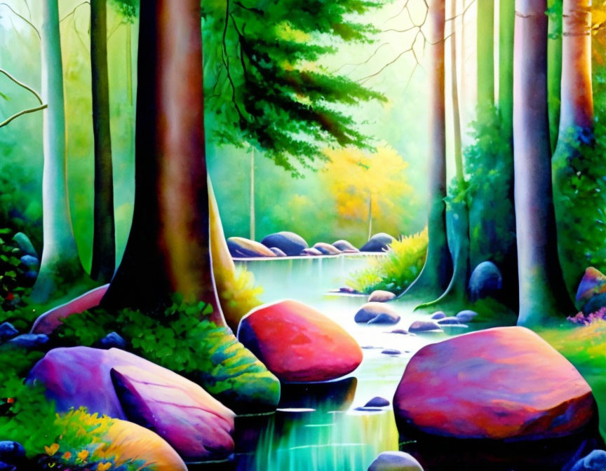 Colorful Forest Scene with Stream, Stones, and Sunlight