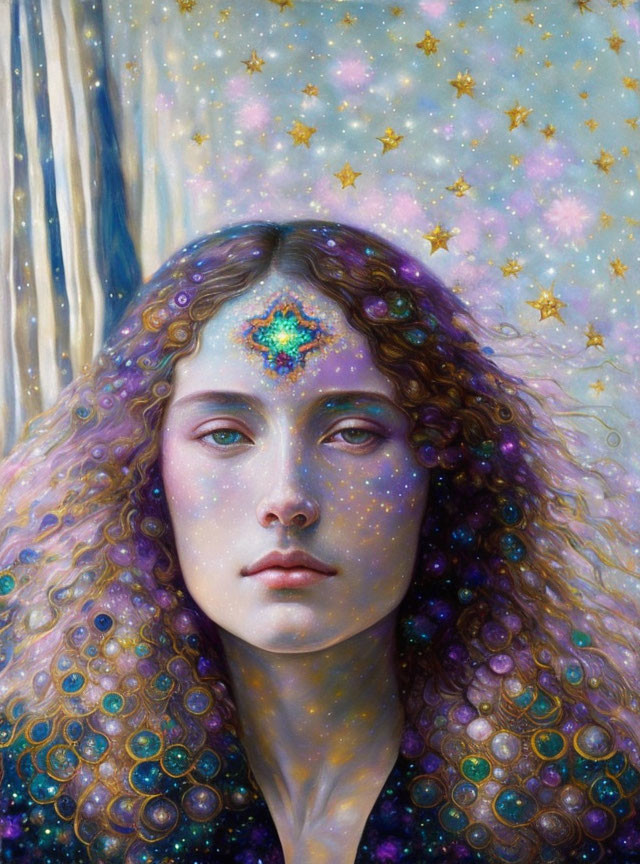 Cosmic-themed painting of woman with purple hair and starry features