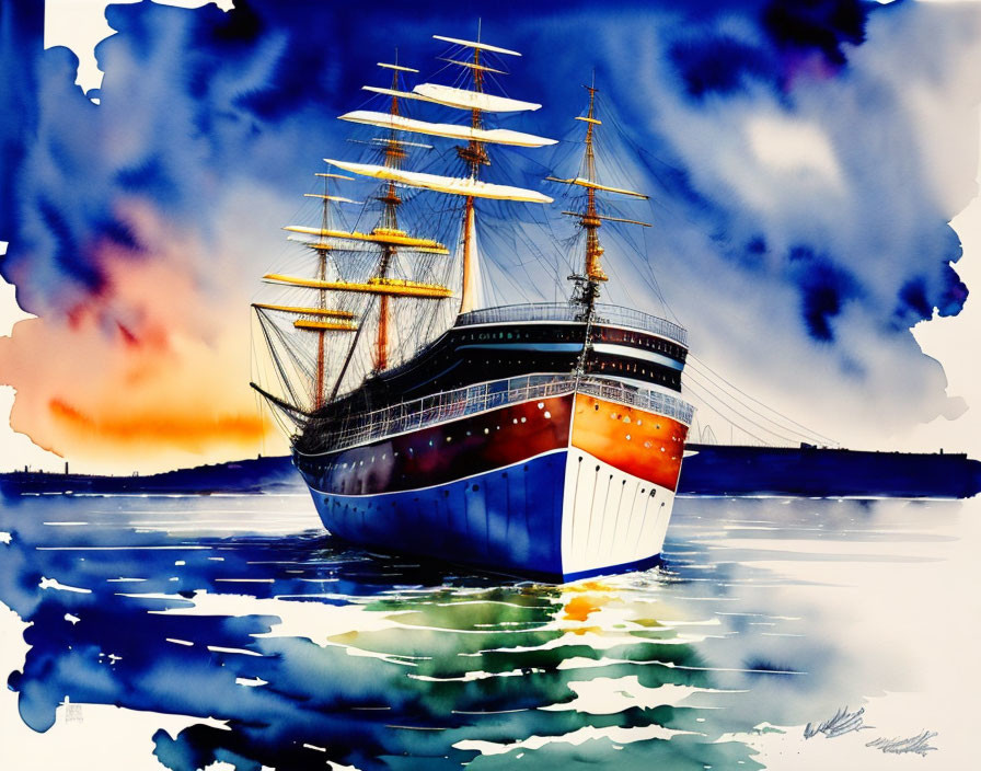 Colorful Watercolor Painting of Classic Sailing Ship on Calm Waters