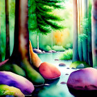 Colorful Forest Scene with Stream, Stones, and Sunlight