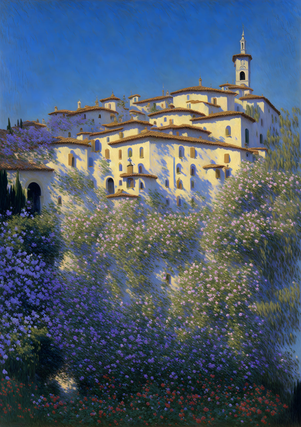 Impressionist painting of grand building surrounded by flowers