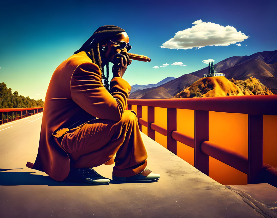 Stylish person in orange suit with cigar on bridge against mountain backdrop