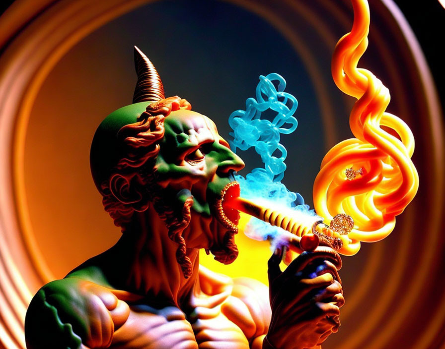 Vibrant artwork of demonic figure smoking pipe with blue spiral smoke