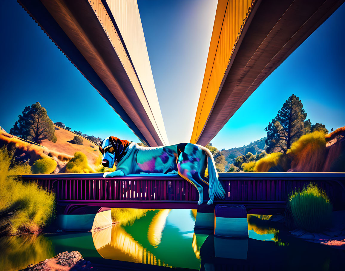 Vibrant Tiger Resting Under Bridge with Lush Greenery