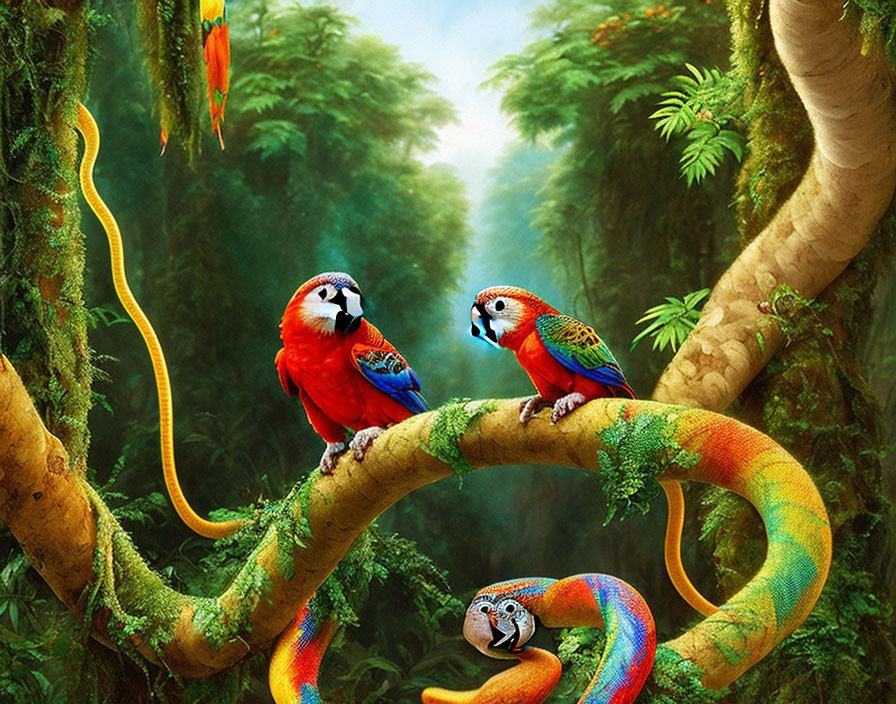 Colorful Parrots Perched on Jungle Vines in Forest Setting