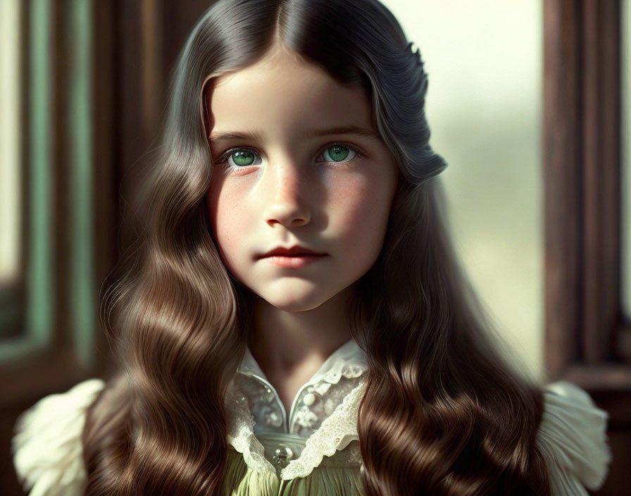 Young girl with long wavy brown hair and green eyes by a window