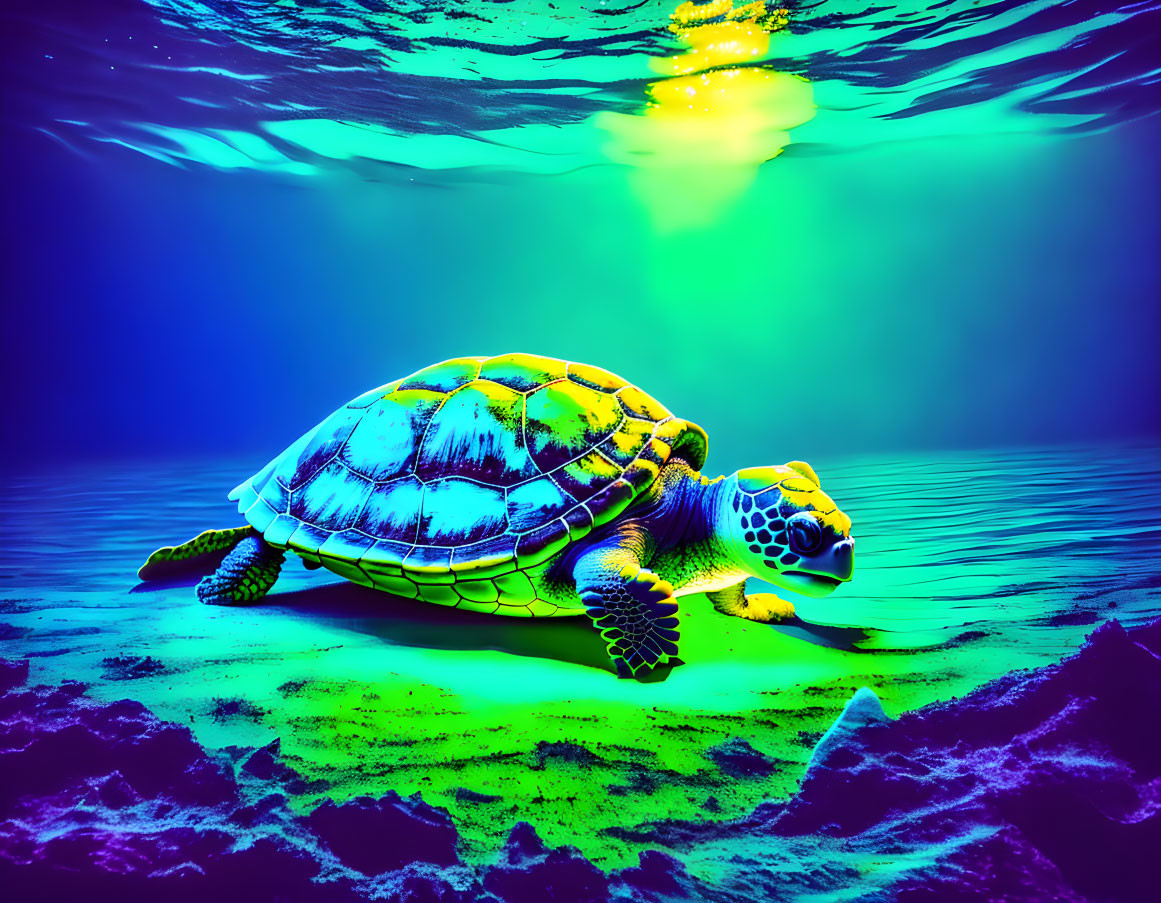 Vibrant sea turtle in surreal underwater dreamscape