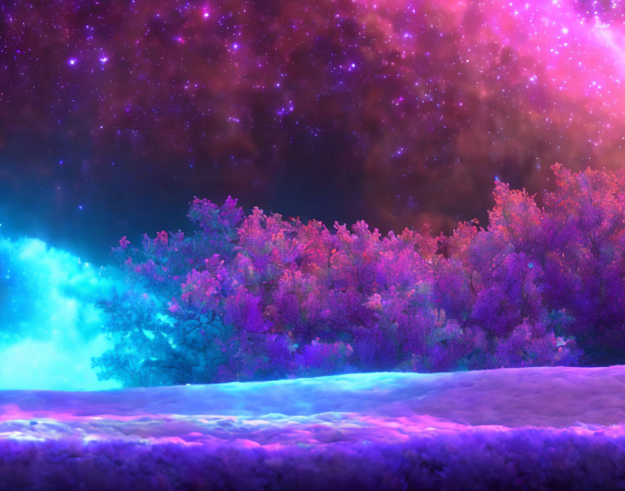 Colorful Forest Under Starry Sky with Pink, Purple, and Blue Hues