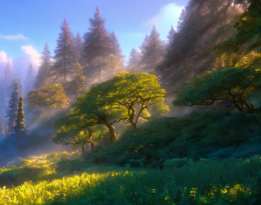 Mystical forest with towering trees and lush greenery in soft sunlight