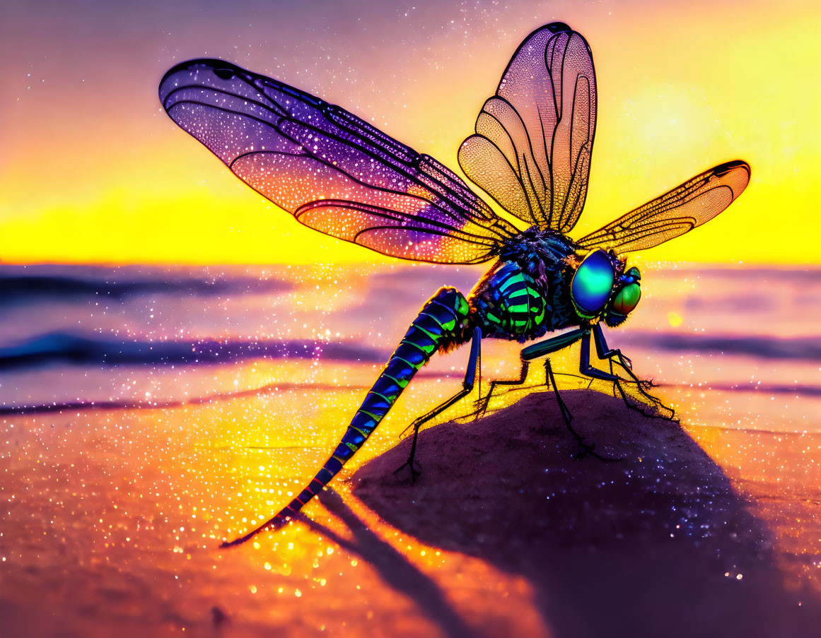 Colorful dragonfly close-up on shimmering surface with vibrant sunset.