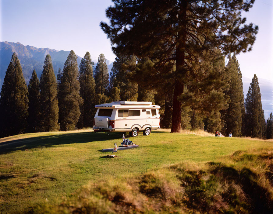 RV parked on grassy hill with pine trees, mountains, and blue skies