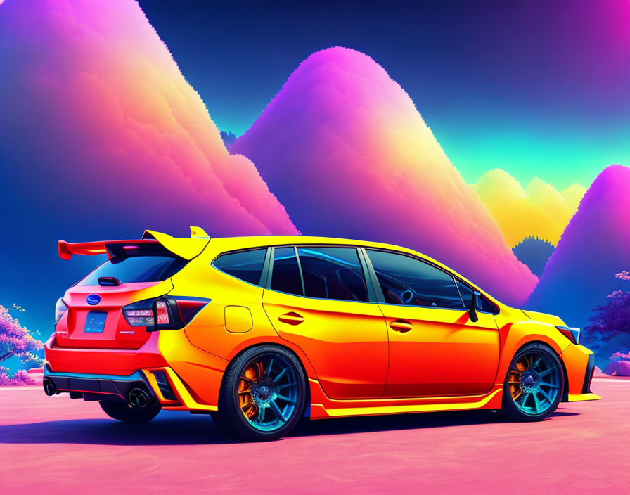 Colorful digital artwork of orange sports car in neon mountain landscape