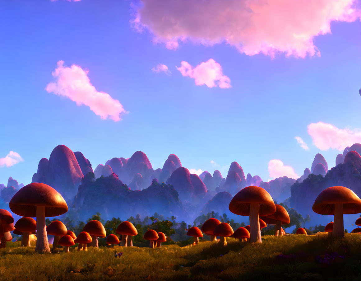 Fantastical landscape with oversized red-capped mushrooms and rounded mountains under a vibrant sky.