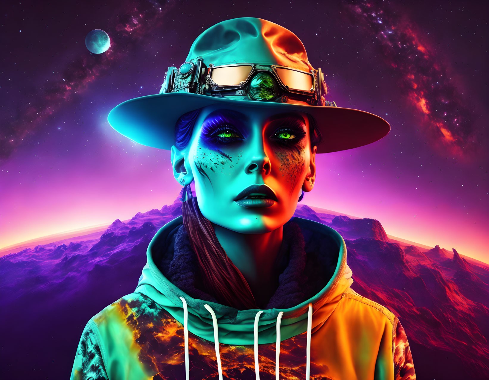 Digital artwork: humanoid figure with green skin, futuristic goggles, hat, cosmic background.