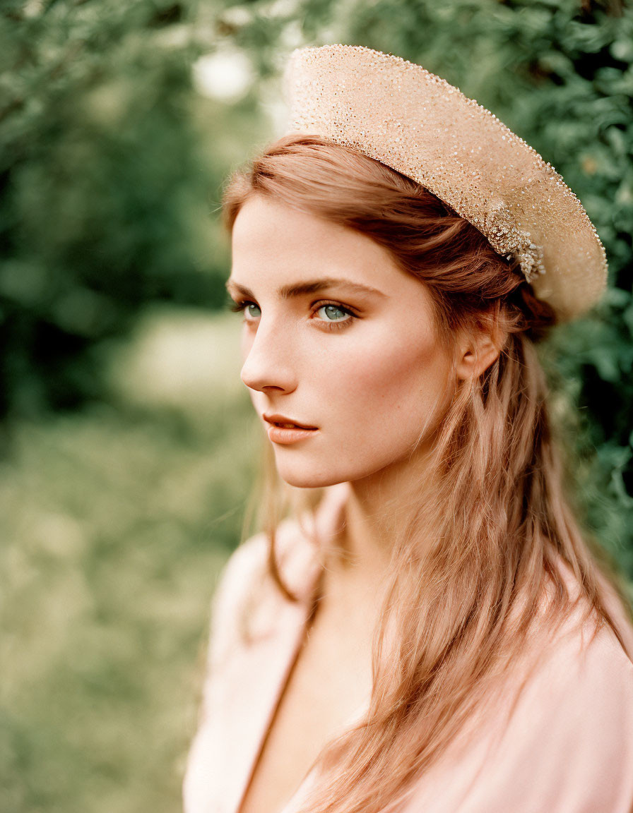 Blue-eyed woman in beige beret and pink outfit against green backdrop