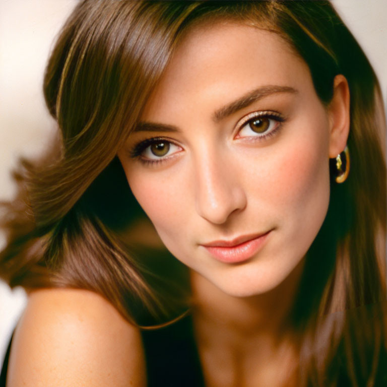 Portrait of woman with long brown hair, hazel eyes, and gold earring smiling at camera.