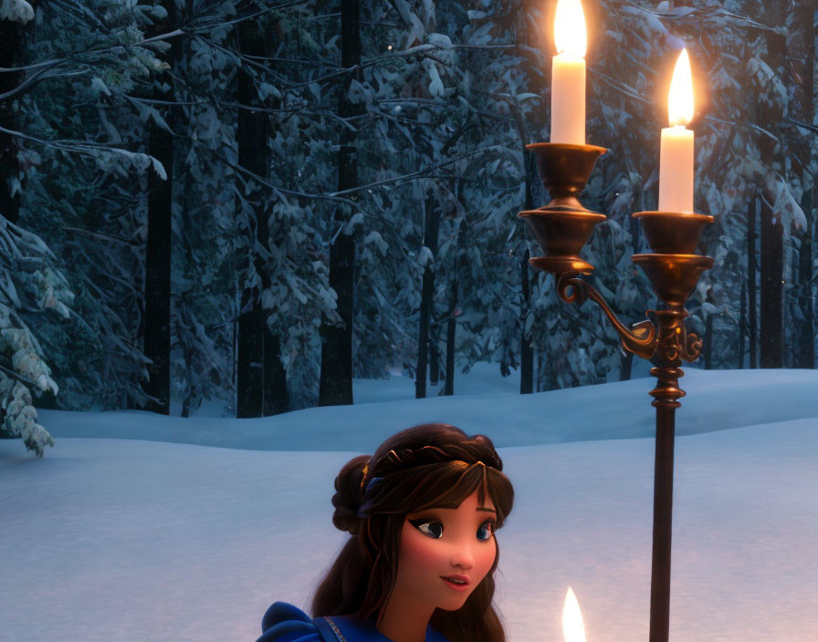 Animated character with braid and candle holder in snowy forest